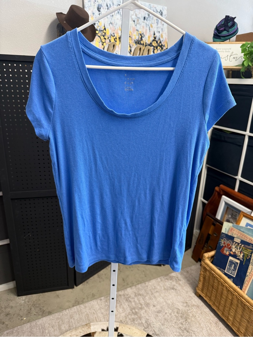 A New Day Blue Scoop Neck Ribbed Short Sleeve Women's Top